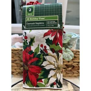 Holiday Time Set Of 2 Christmas Napkins Damask 17 X 17 Red Green New